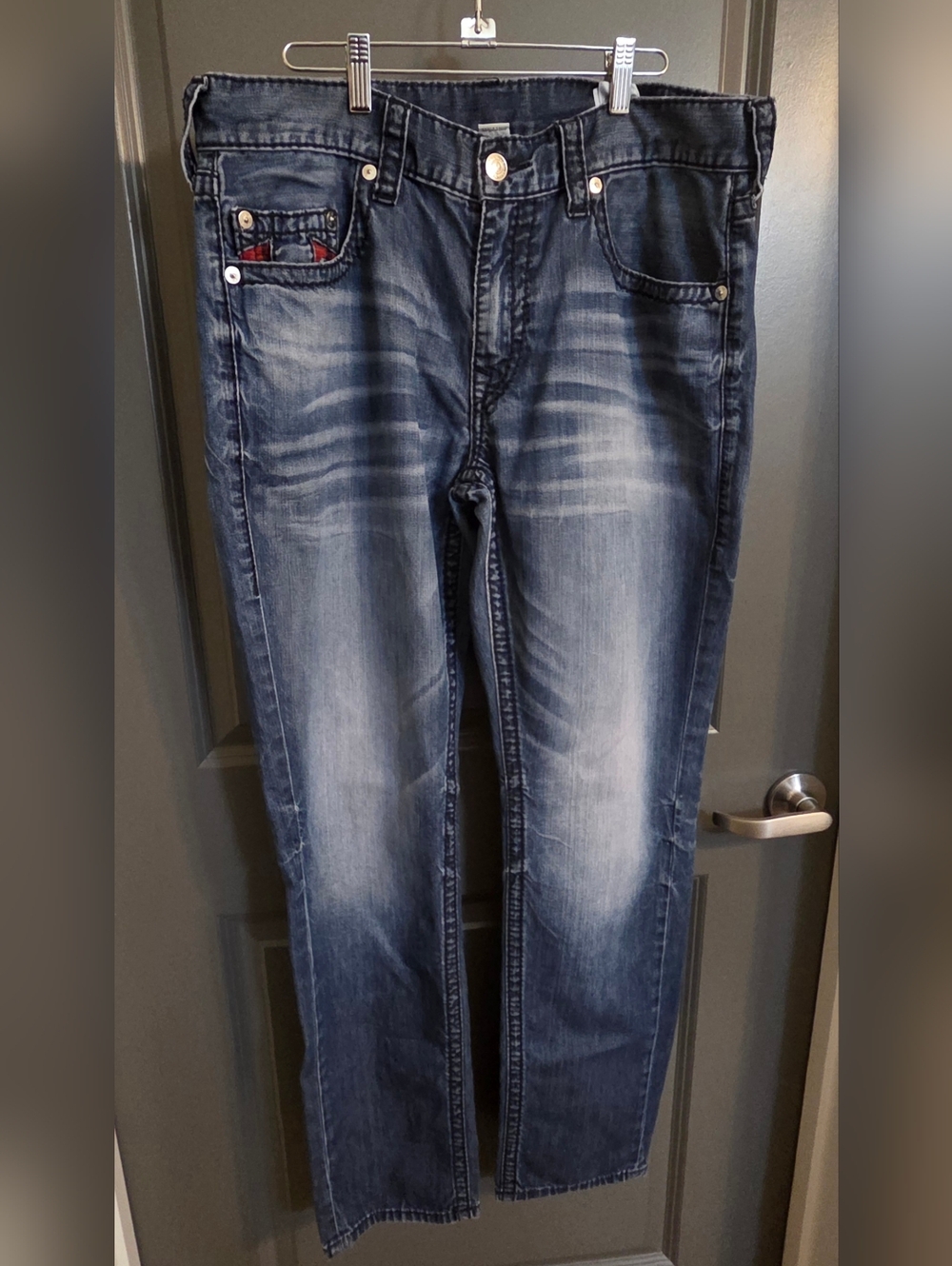 True Religion Slim Red Plaid Pockets Blue Jeans Size 36 New